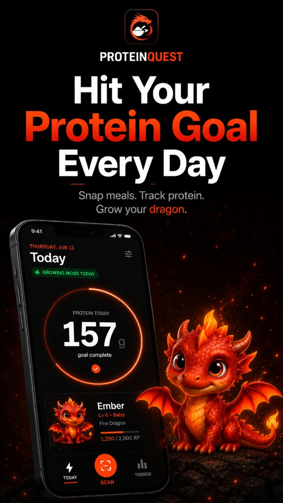 ProteinQuest app showing daily protein goal with Ember the baby fire dragon
