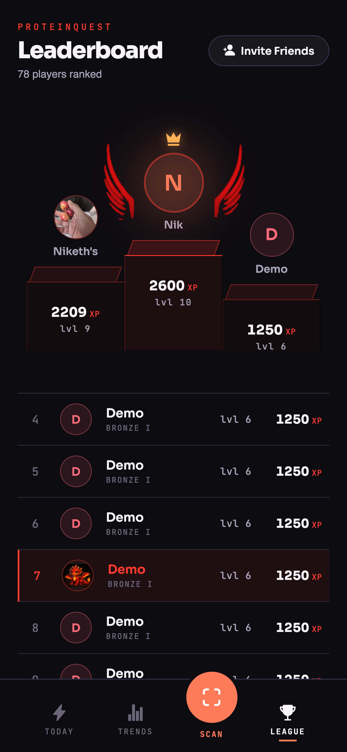 Friends leaderboard showing XP and levels