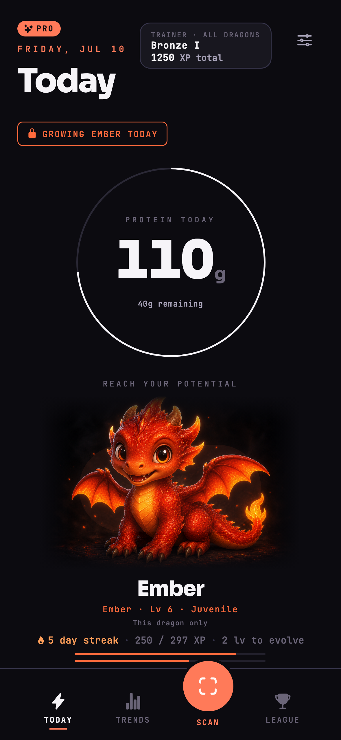 ProteinQuest Today screen showing protein progress and Ember the dragon